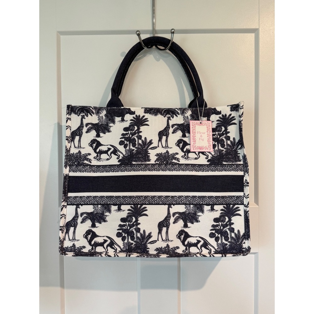 Fleur & Fig Safari Toile Canvas Book Tote Bag Black White Lion Giraffe
